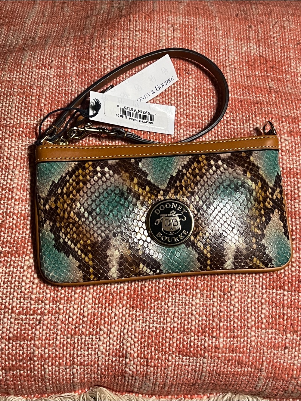 Dooney & Bourke Teal Brown Snakeskin-Print Wristlet with Tan Trim
